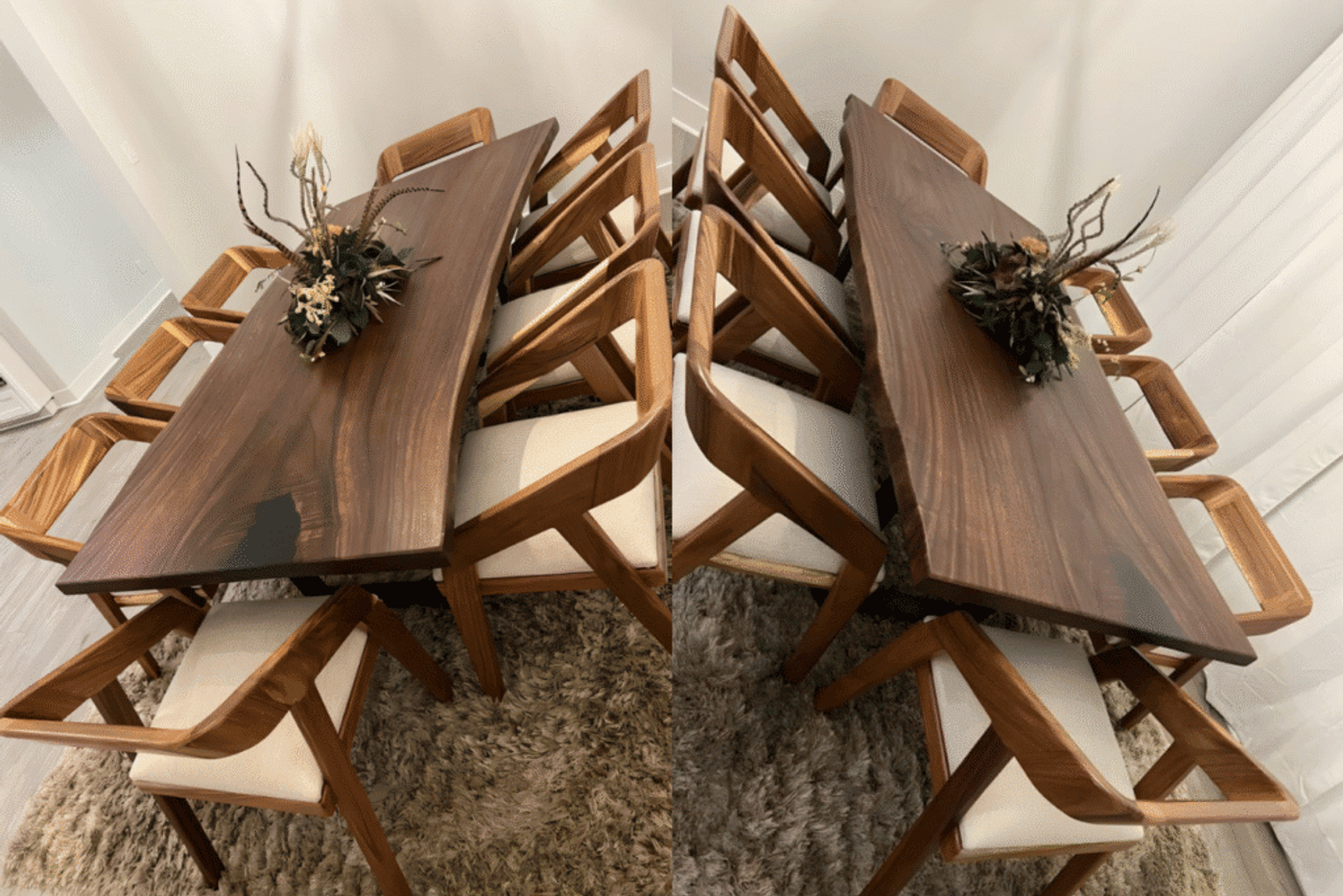 Dining area with two live-edge wooden tables, surrounded by cushioned wooden chairs, decorated with floral centerpieces.