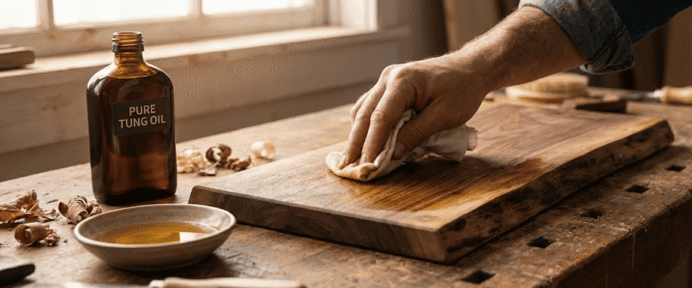 Person wiping a wooden cutting board with a cloth, tung oil bottle and bowl on a workbench in warm natural light