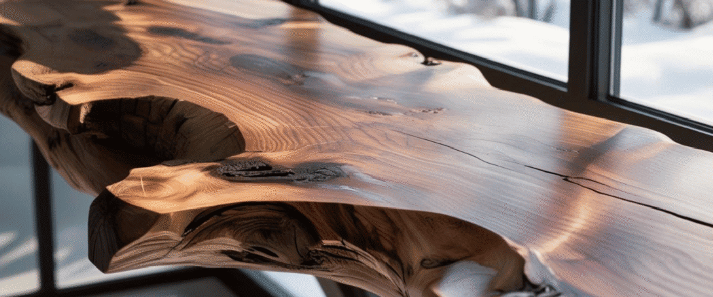 Live edge wooden table showing natural grain and texture, placed near a window with sunlight highlighting its organic shape and smooth finish.