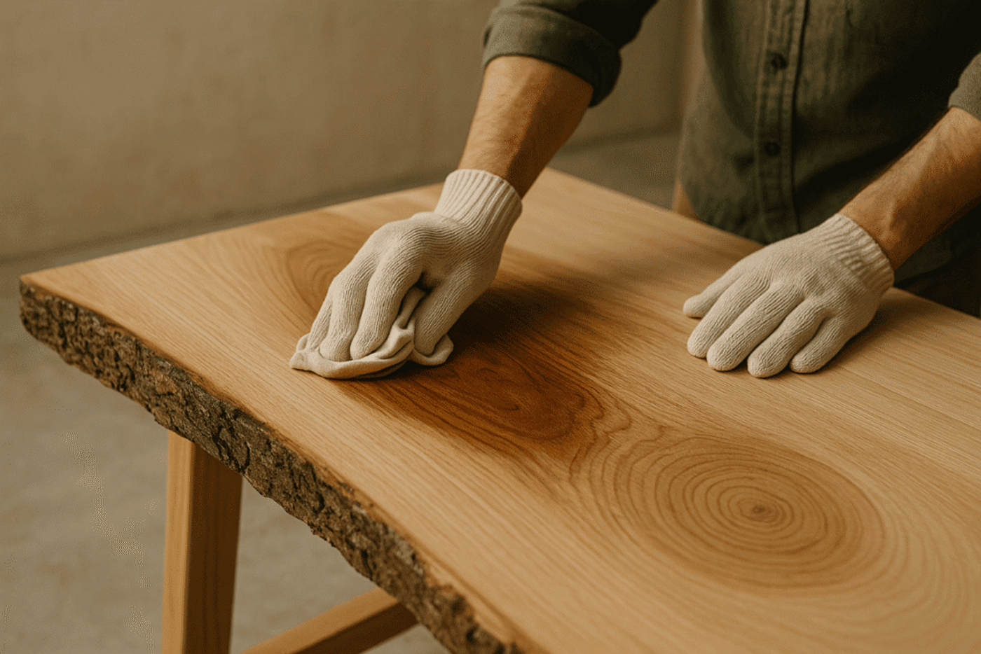Person wearing gloves polishing a smooth wooden table with natural edge.