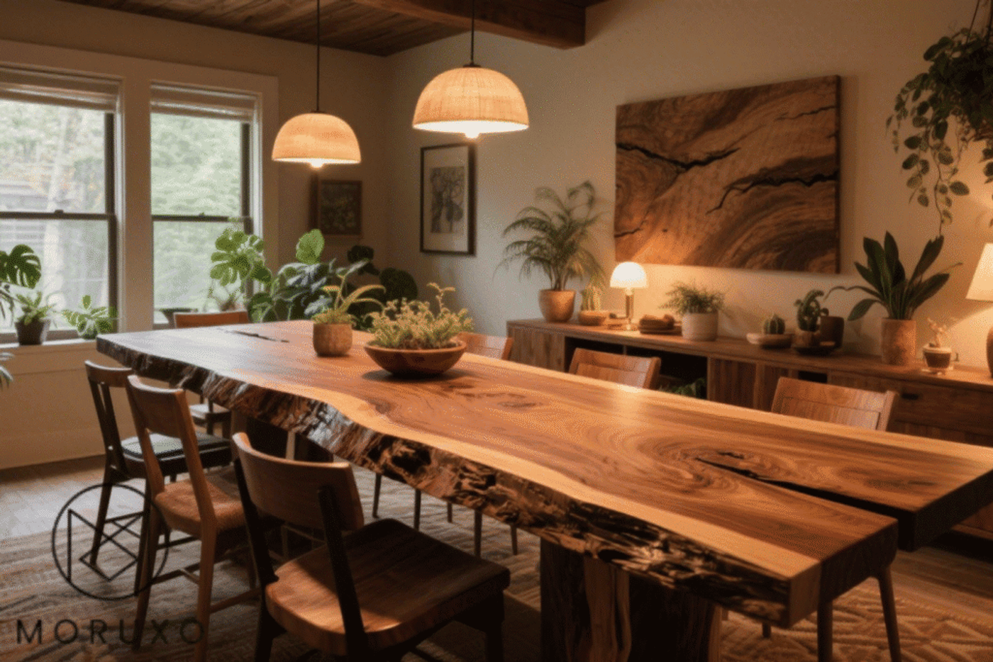 Dining room with a large live edge wooden table, surrounded by wooden chairs. The room has warm lighting from pendant lamps and table lamps, with plants and wooden decor adding a natural, cozy feel