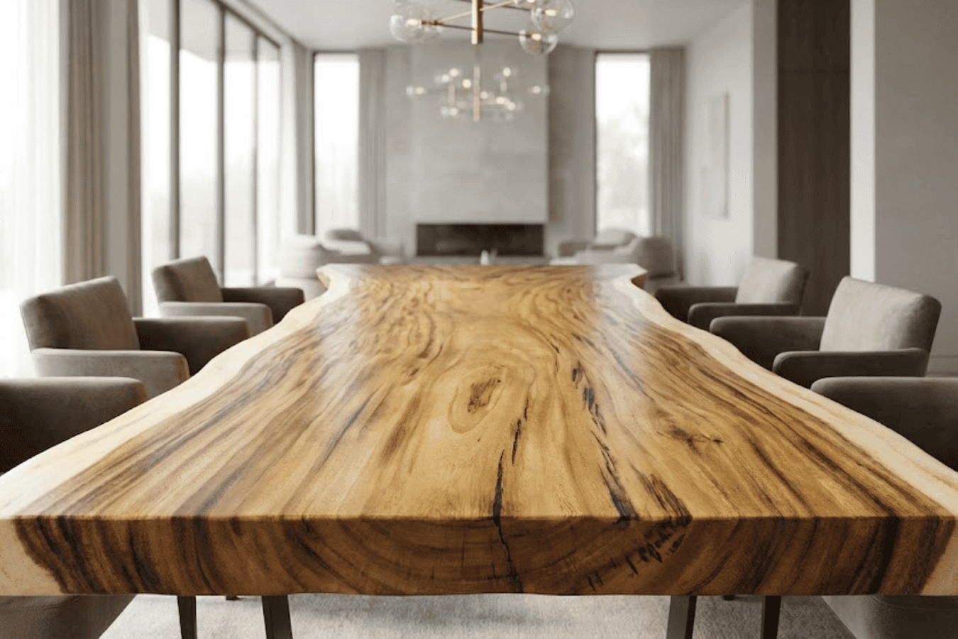 Live-edge wooden dining table with rich grain, surrounded by upholstered chairs in a bright modern dining room