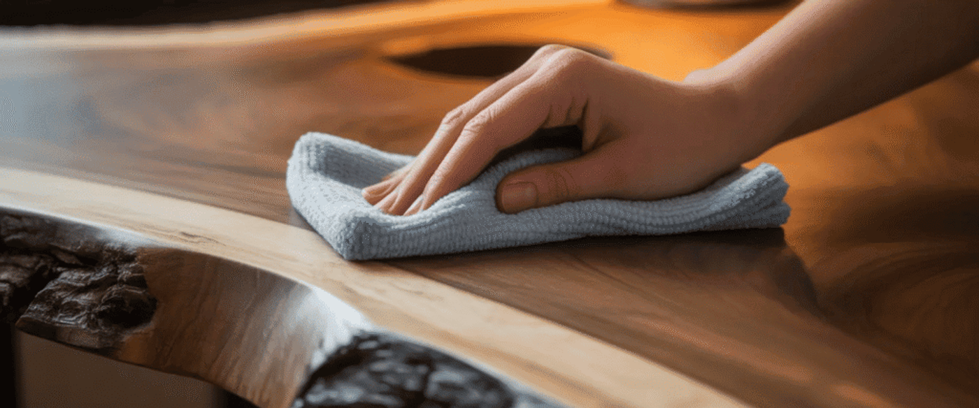 Hand polishing a live-edge wooden table with a soft blue microfiber cloth, highlighting smooth grain and natural bark edge