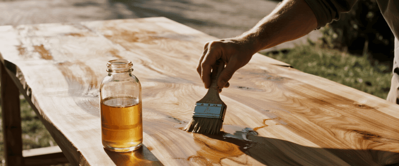 Person applying natural oil finish to a Guanacaste wood table outdoors