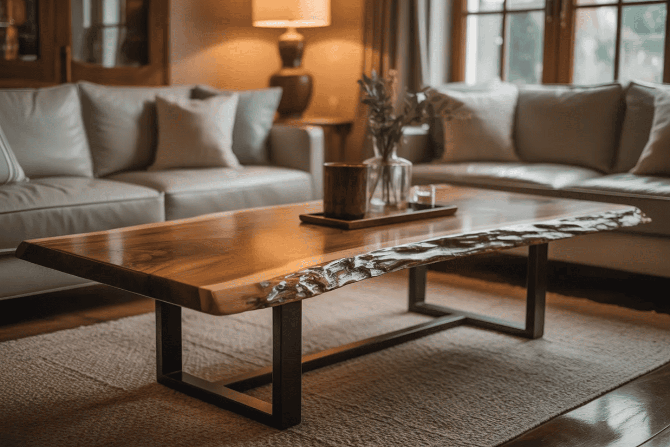 A modern living room with a handcrafted wooden coffee table featuring a natural live edge design, placed on a neutral rug between two beige sofas, illuminated by warm ambient lighting.