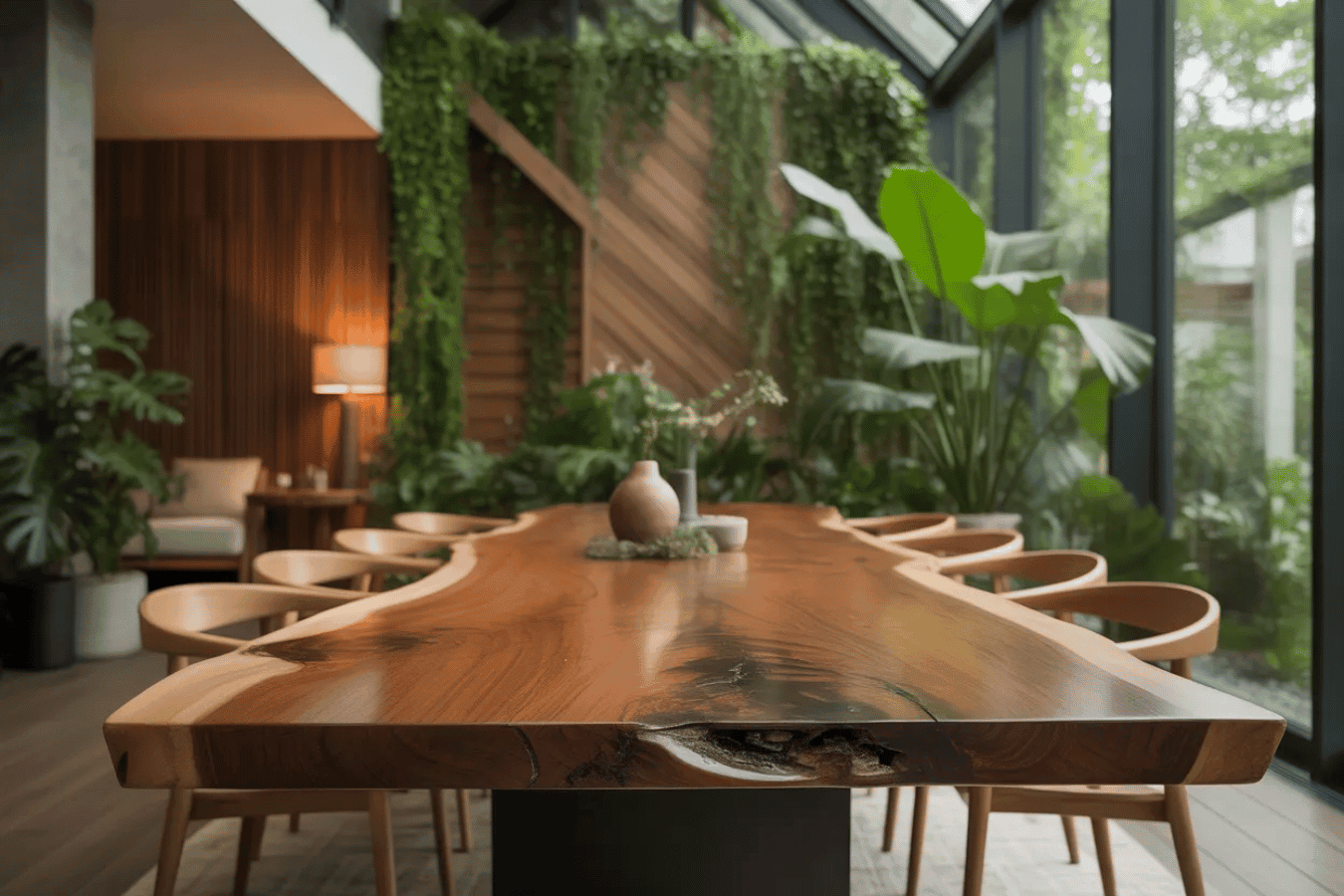 Warm wooden live-edge dining table surrounded by curved chairs in a sunlit indoor garden room with large windows and lush plants.