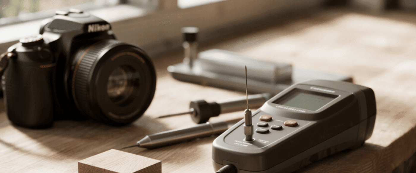 moisture measurement tools: pinless moisture meter, pin-type meter, small oven-dry sample, calibration block