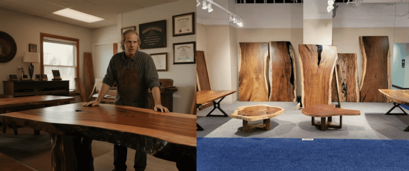 Craftsman standing behind a large live-edge wooden table in a workshop filled with awards, slabs, and woodworking tools.