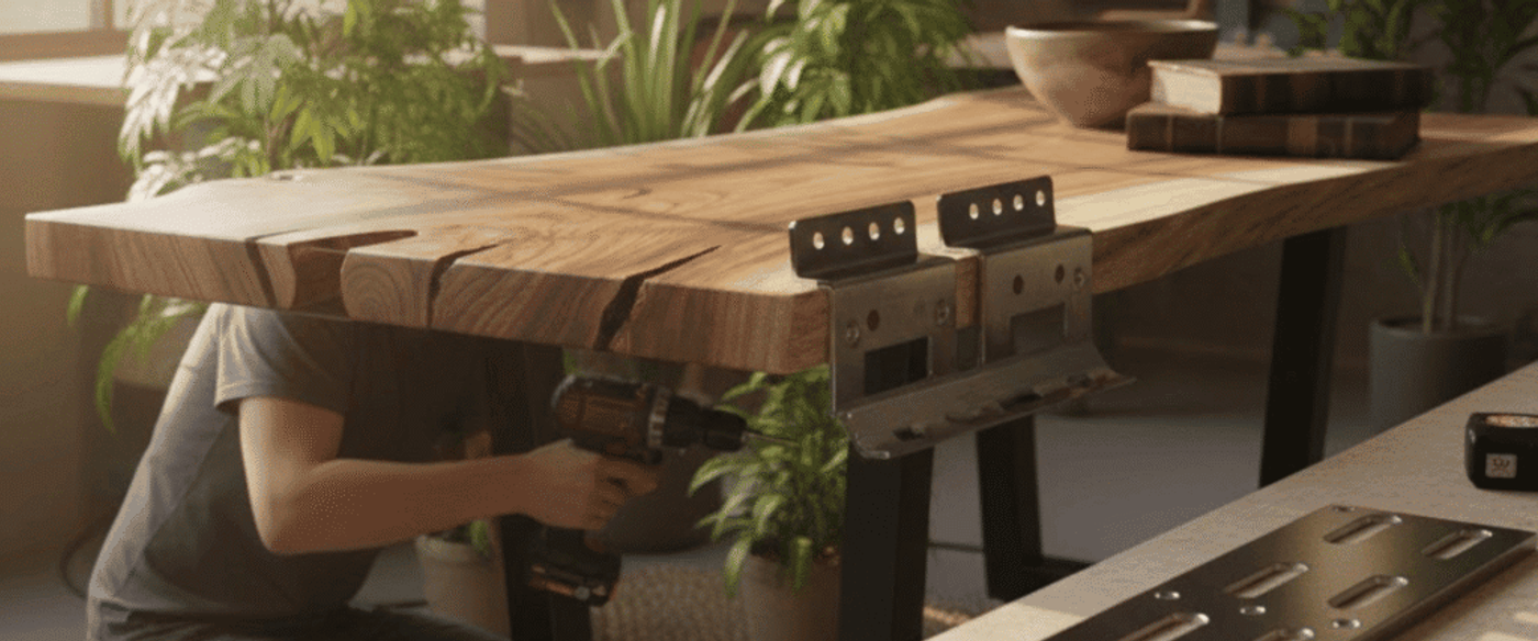 Handyman kneeling under a wooden worktable, using a drill to install metal brackets in a sunlit workshop with tools and plants