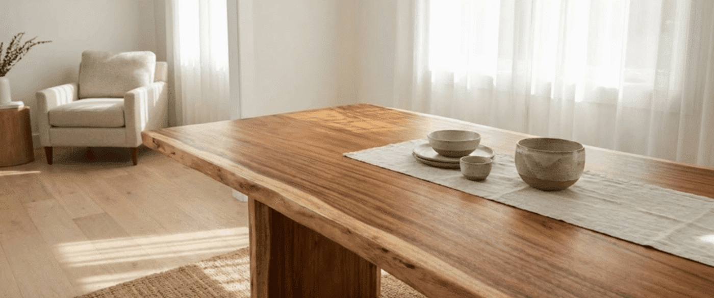 Sunlit minimalist dining room with a live-edge wooden table, ceramic bowls on a runner, beige armchair and sheer curtains
