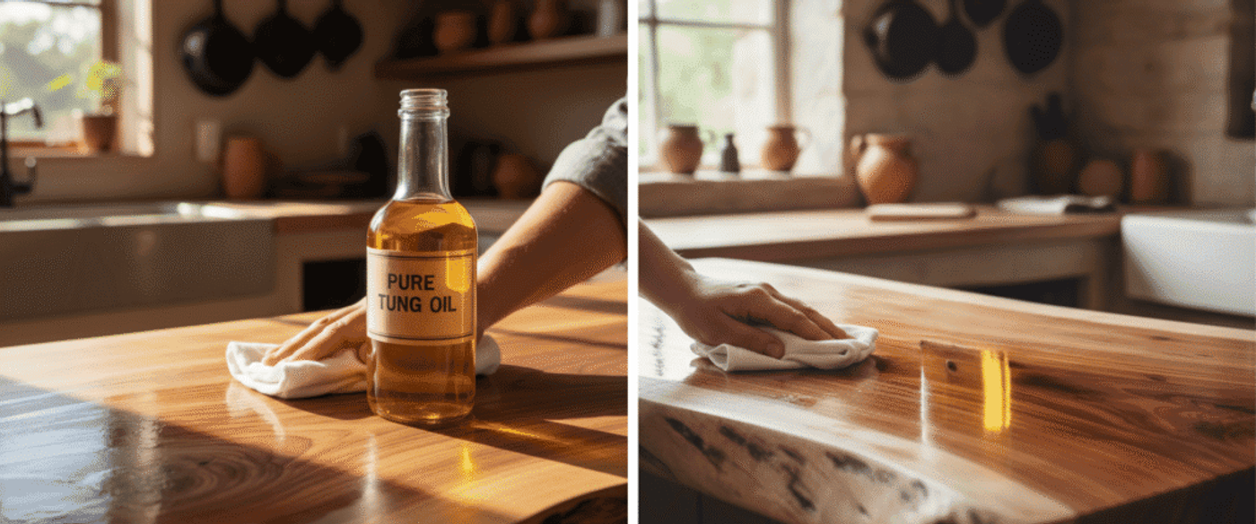 Hand wiping a glossy wooden countertop next to a bottle labeled Pure Tung Oil in a sunlit rustic kitchen