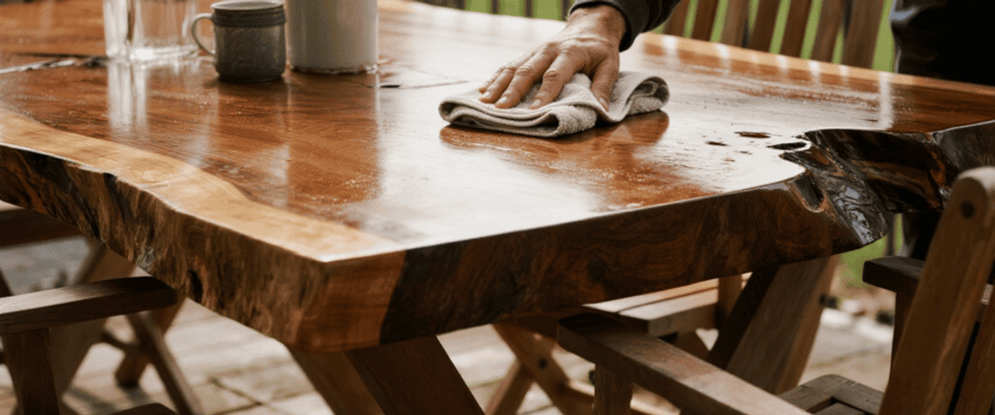 Person wiping a glossy live-edge wooden table outdoors with a cloth; mug, glass bottle, and plant on the table.