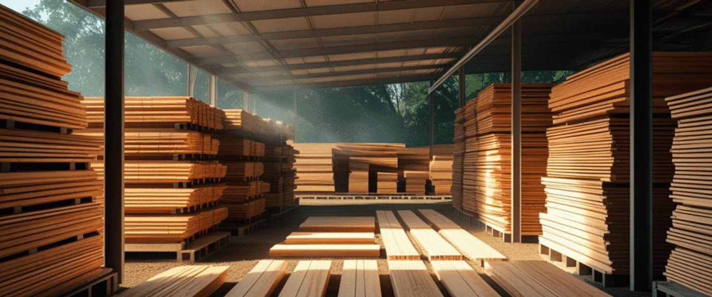 Wood planks neatly stacked and stored in a covered lumber yard, ready for construction or woodworking use.
