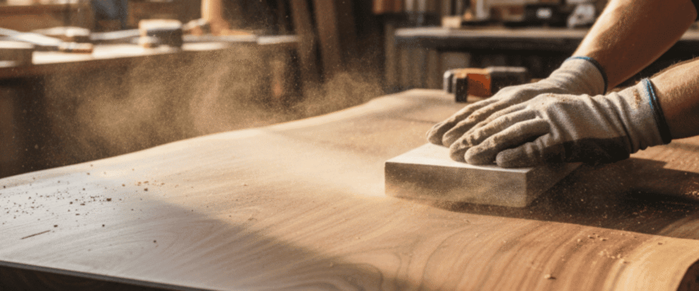 Carpenter sanding a large walnut tabletop by hand in a sunlit workshop, dust rising as gloved hands smooth the wood grain.