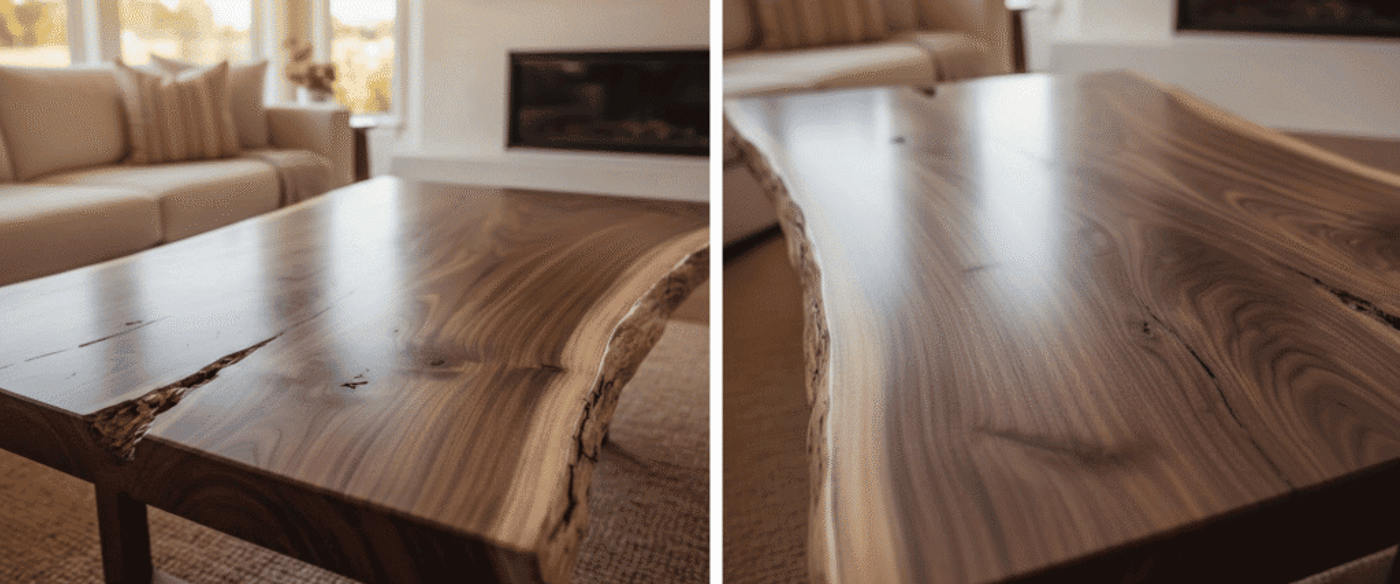 Live-edge walnut coffee table with rich wood grain and smooth finish in a cozy living room, sofa and fireplace