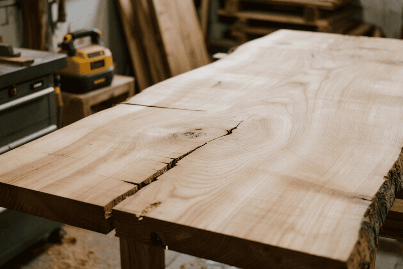 Rough-sawn live-edge oak slabs with visible growth rings, knots, and bark, resting on a workshop table under warm lighting.
