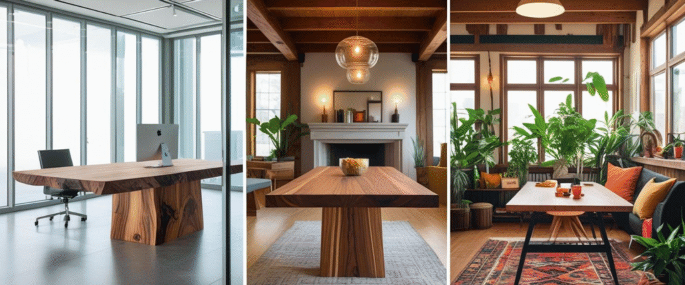Three different wooden tables in distinct interior settings: a modern office with glass walls, a cozy living room with wooden beams and fireplace, and a bright sunroom filled with plants and colorful cushions.