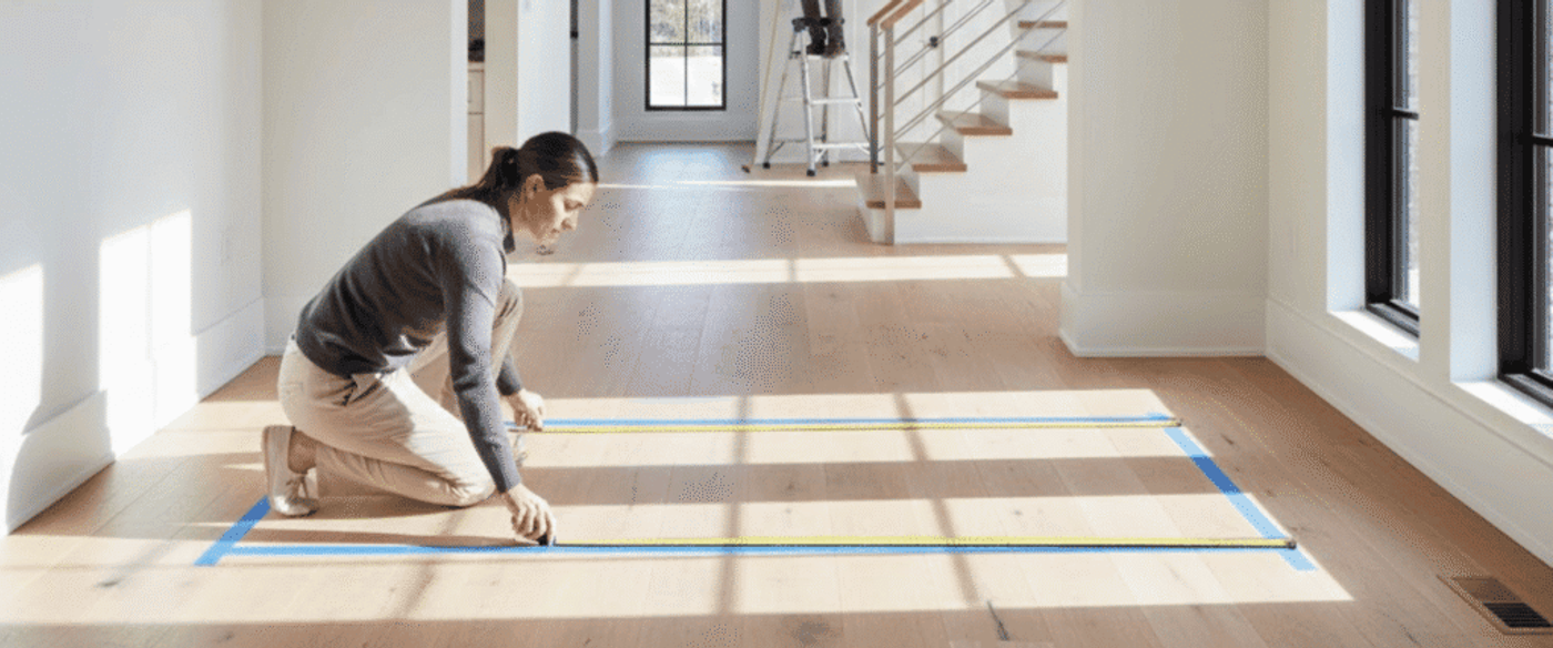 Person kneeling on a living room floor measuring a taped rectangle with a tape measure, sofa and framed art
