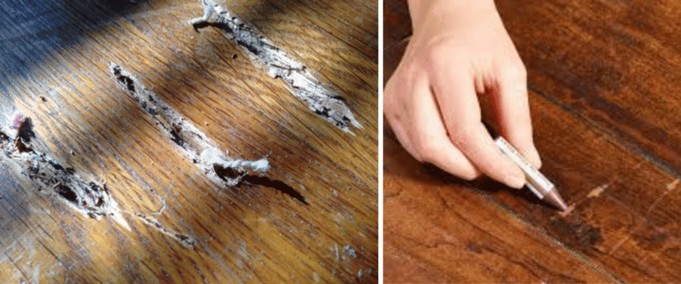 Damaged wood surface with deep scratches (left); hand applying wood filler stick to repair scratches (right)