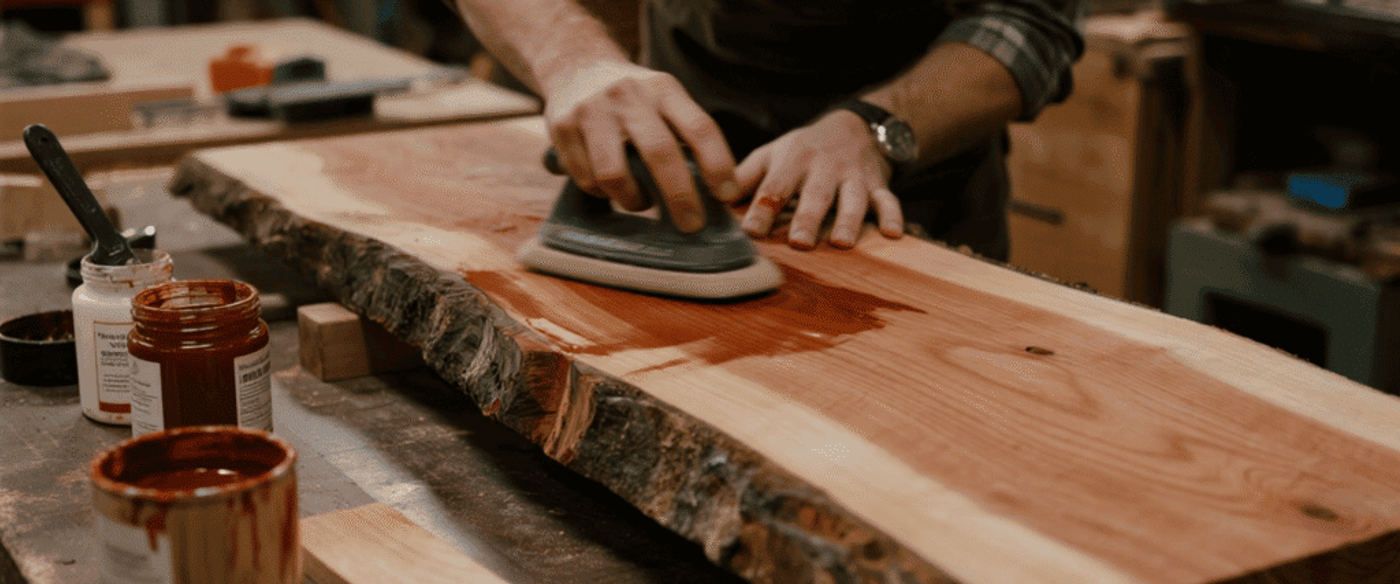 Person sanding and applying stain to a live-edge wood slab on a workshop bench, jars of stain and brushes nearby, hands focused.