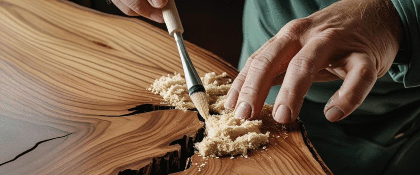 A person using a brush to apply wood filler or sawdust into cracks of a wooden surface, demonstrating a woodworking repair technique.