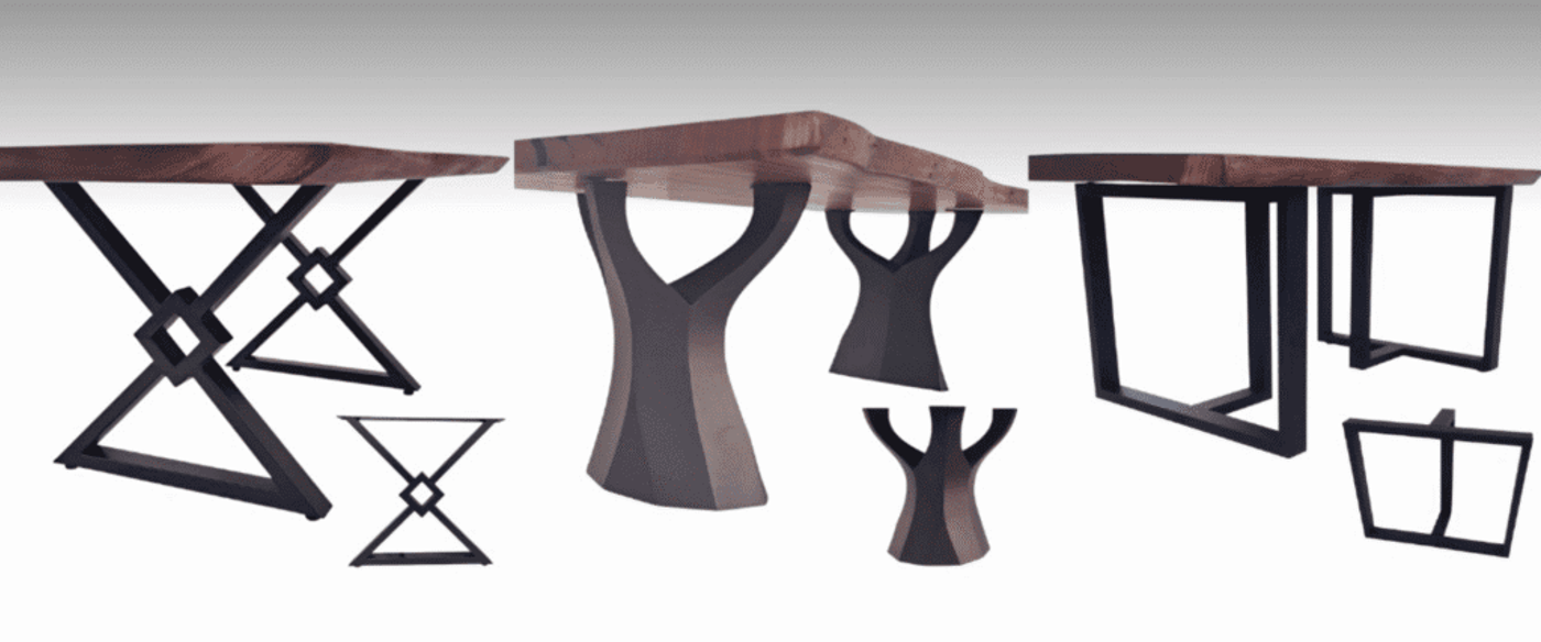 Solid wood tabletop with three distinct black metal bases: geometric X with diamond, sculpted Y-shaped pedestal, and rectangular sled legs.