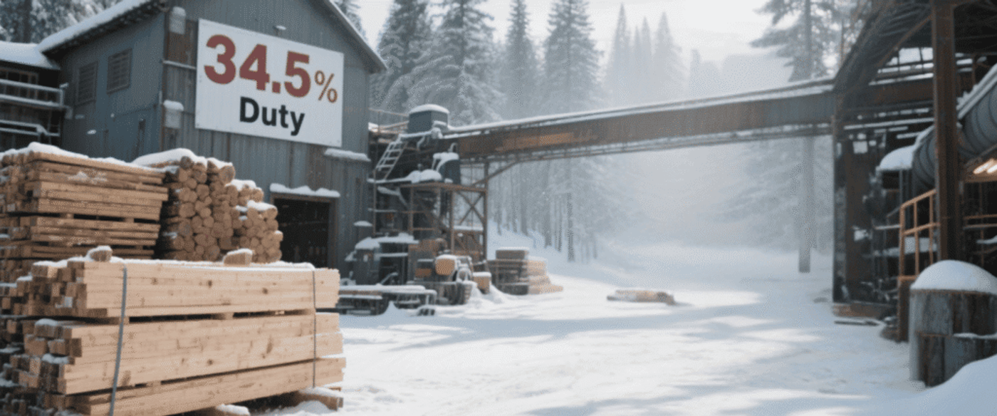 Officer in winter hardhat and uniform holds a clipboard at a snowy lumber mill with stacked timber and a building marked 34.5% Duty.