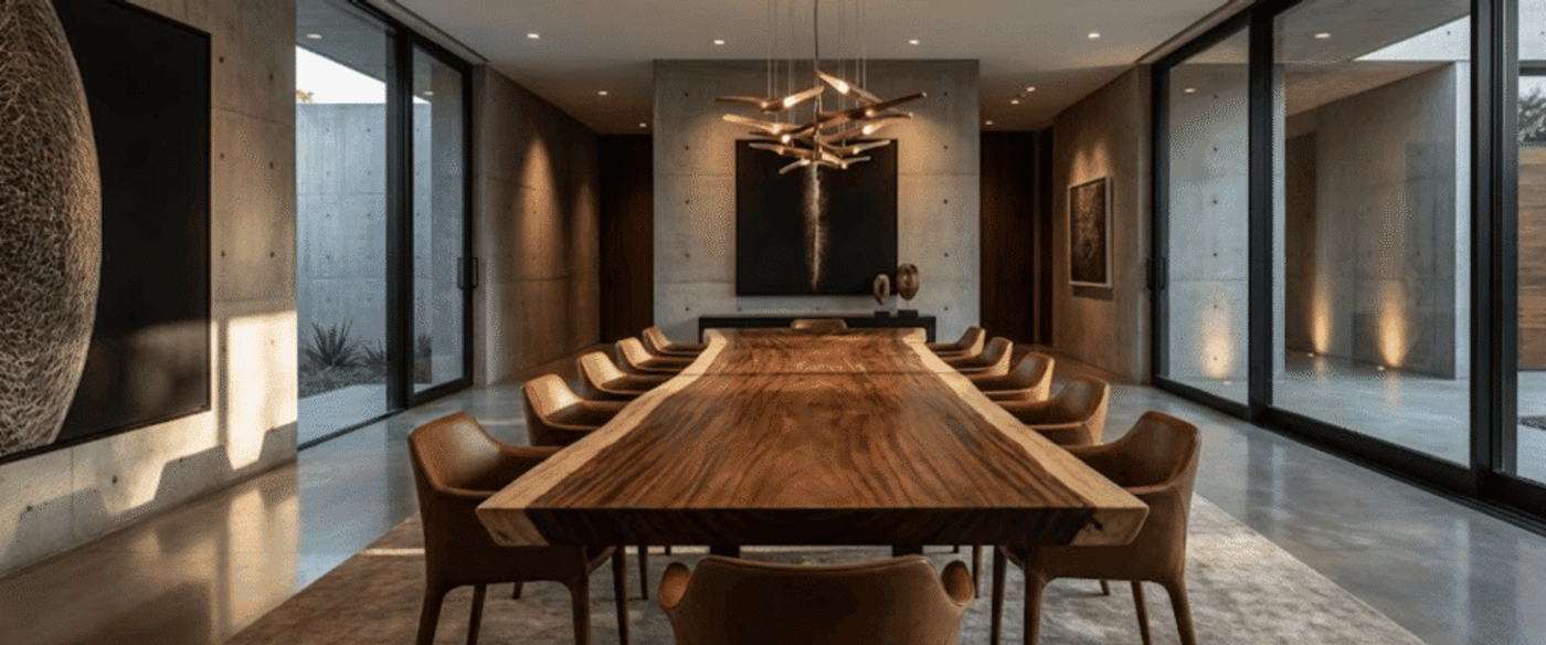 Long live-edge wood dining table with leather chairs in a modern concrete-and-glass room, large windows and sculptural chandelier