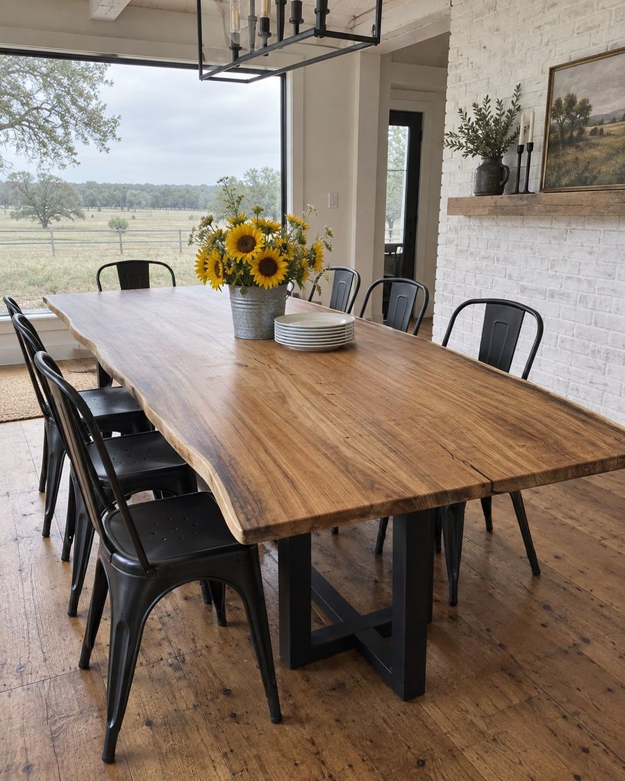 Rendering of the Serena Octavia slab as a dining table with Pedestal Legs in a modern farmhouse home