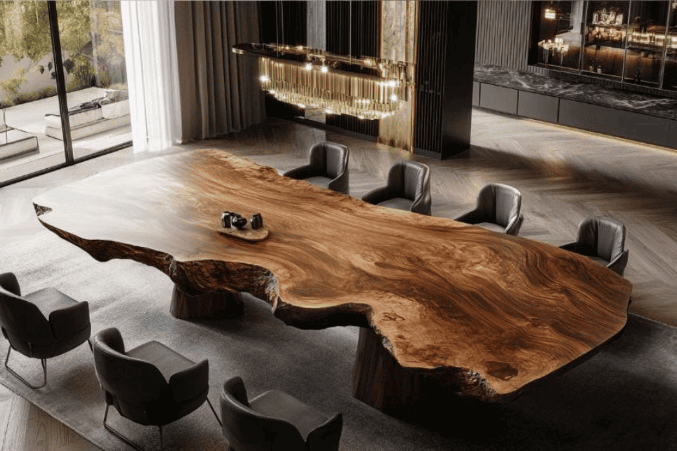 Luxurious live-edge walnut dining table with eight leather chairs in a modern open dining room