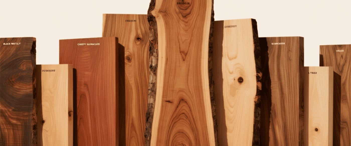 Collection of varied hardwood slabs and blocks standing upright, showing natural grain, bark edges, and warm wood tones.