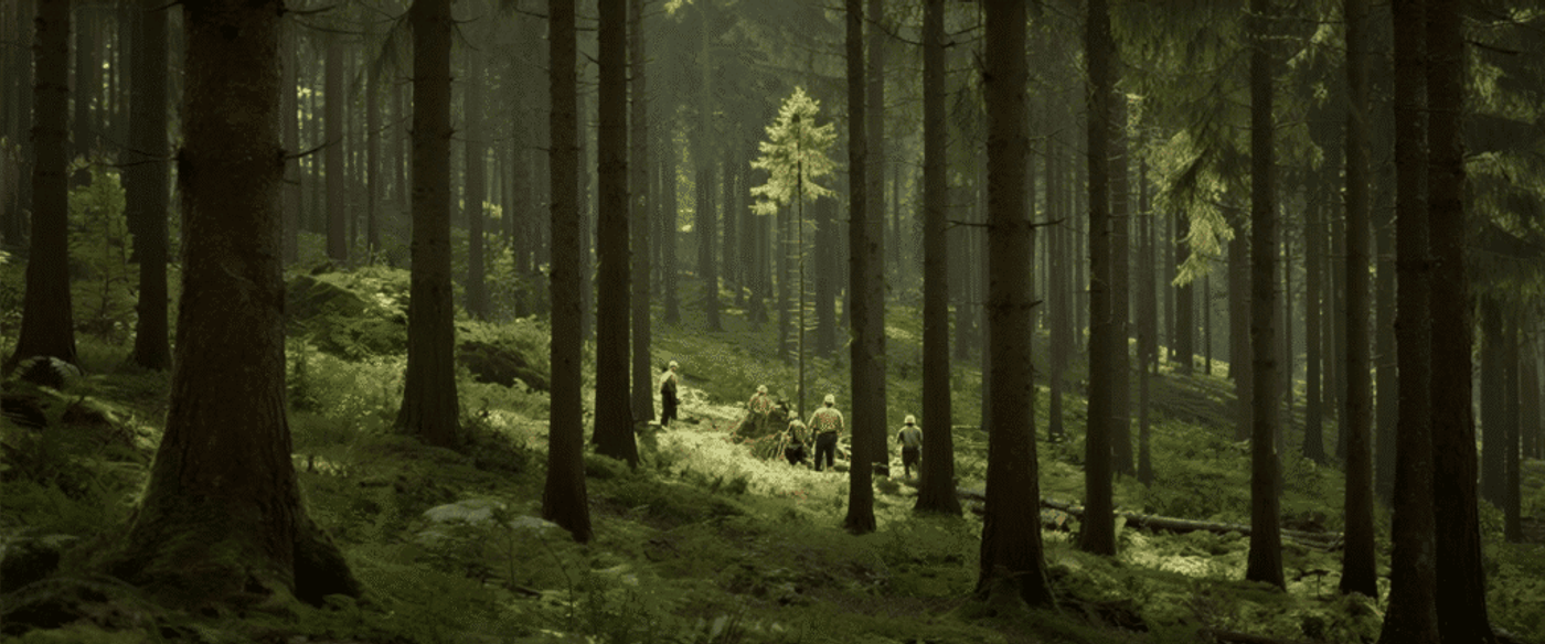 Sunlit group of hikers walking through a dense mossy pine forest, tall trunks and ferns surrounding them.