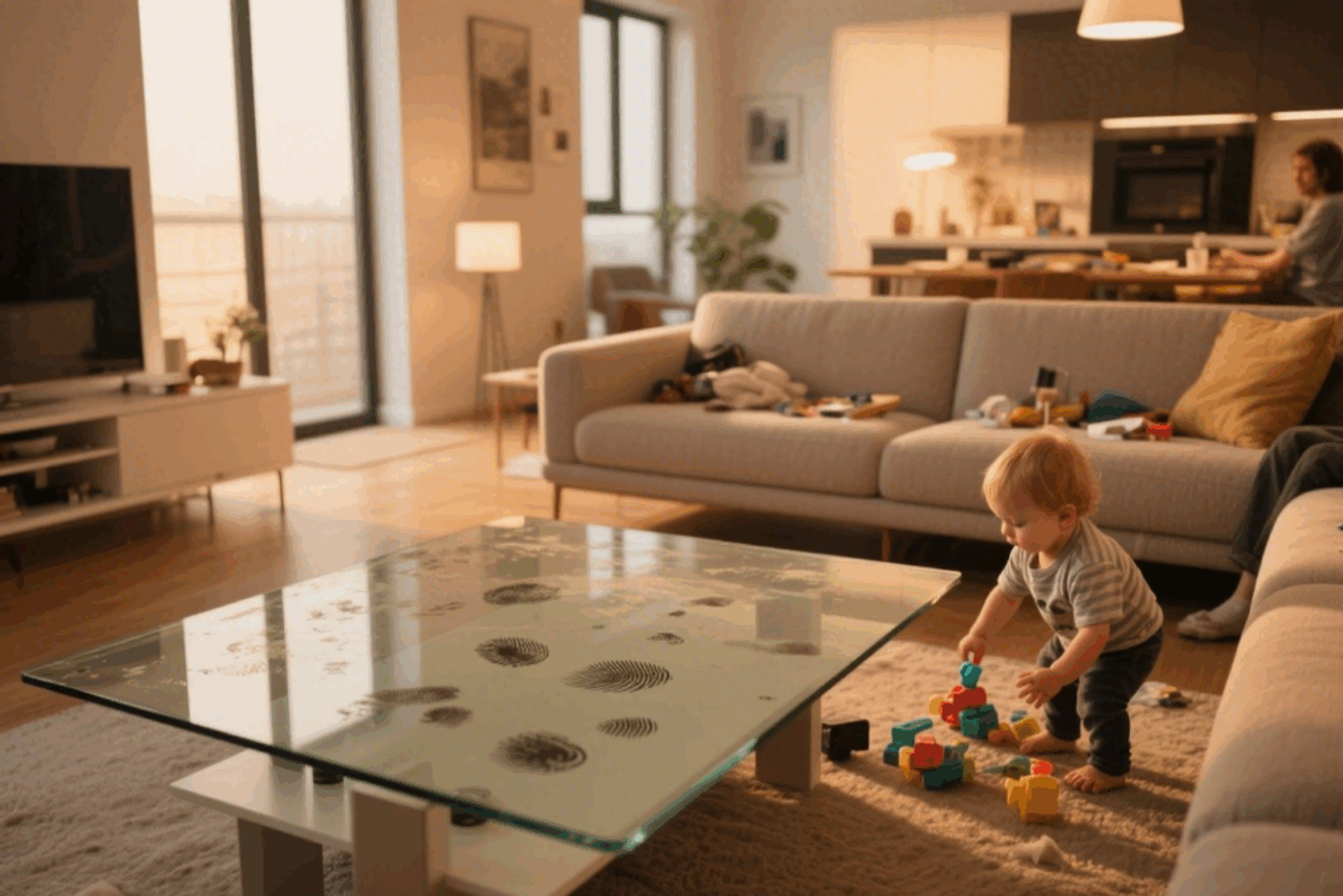 Child playing with blocks on the floor in a cozy living room, with an adult working in the kitchen area in the background.
