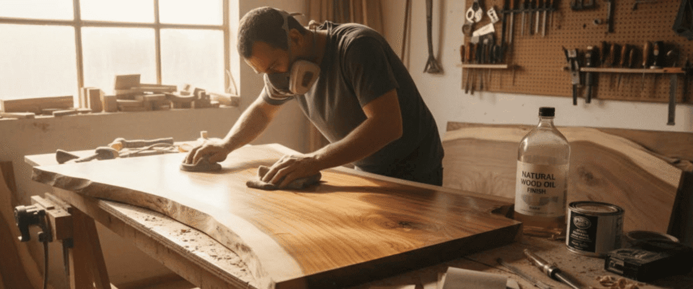 Man sanding and oiling a live-edge wooden slab on a workshop table, wearing a respirator mask and surrounded by wood tools and finish