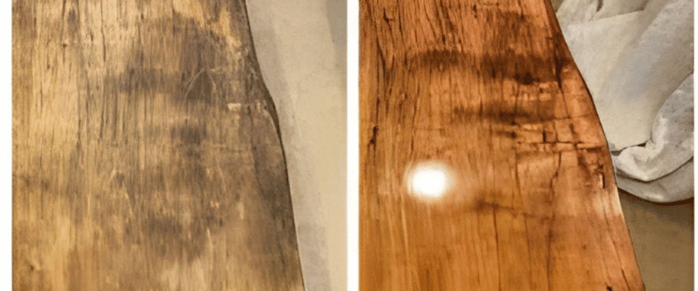 Before and after wood restoration showing cleaning, sanding, and polishing results.