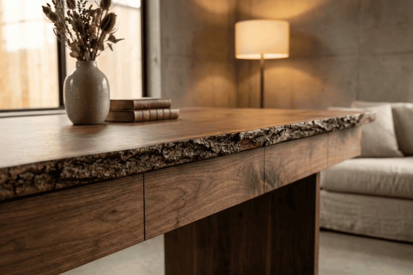 Rustic live-edge wooden table with vase of dried flowers and stacked books, lamp and sofa in a warm, modern living room