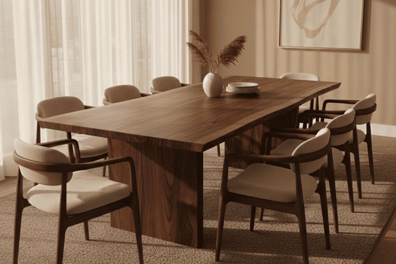 Warm, sunlit dining room with a large walnut table, eight beige upholstered chairs, pendant lights, vase with pampas grass