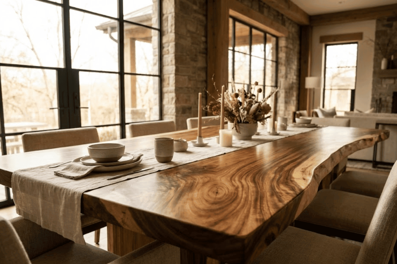 Dining room with large live-edge wooden table, neutral chairs, table runner, candles and dried centerpiece by tall windows