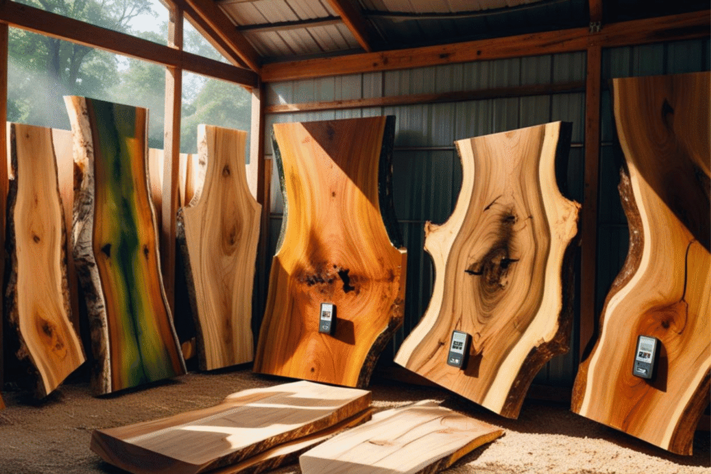 Wood slabs with natural edges displayed indoors, moisture meters attached for drying process.
