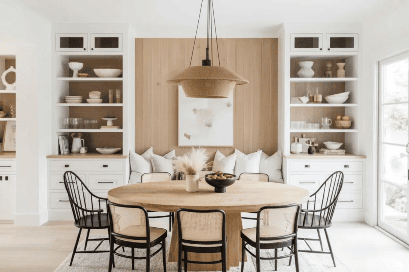 Bright, cozy dining nook with round wooden table, cushioned window bench, black spindle chairs, pendant light, open white shelving.