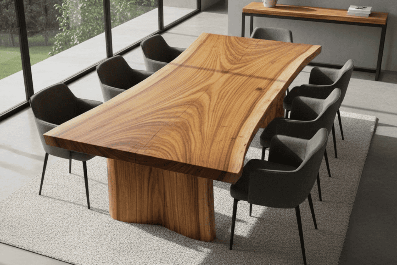 Live-edge wooden dining table with eight modern gray upholstered chairs in a sunlit room