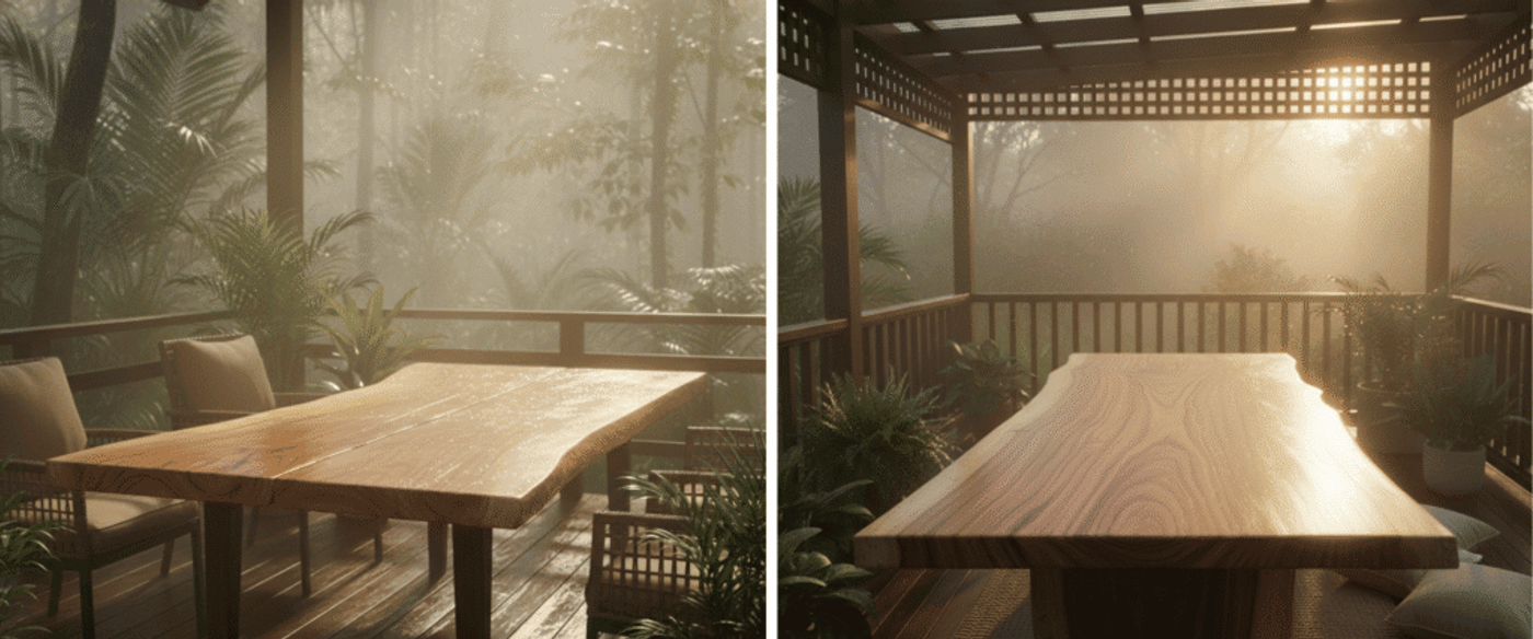 Sunlit wooden dining table on a covered deck surrounded by wicker chairs and lush tropical plants in morning mist.