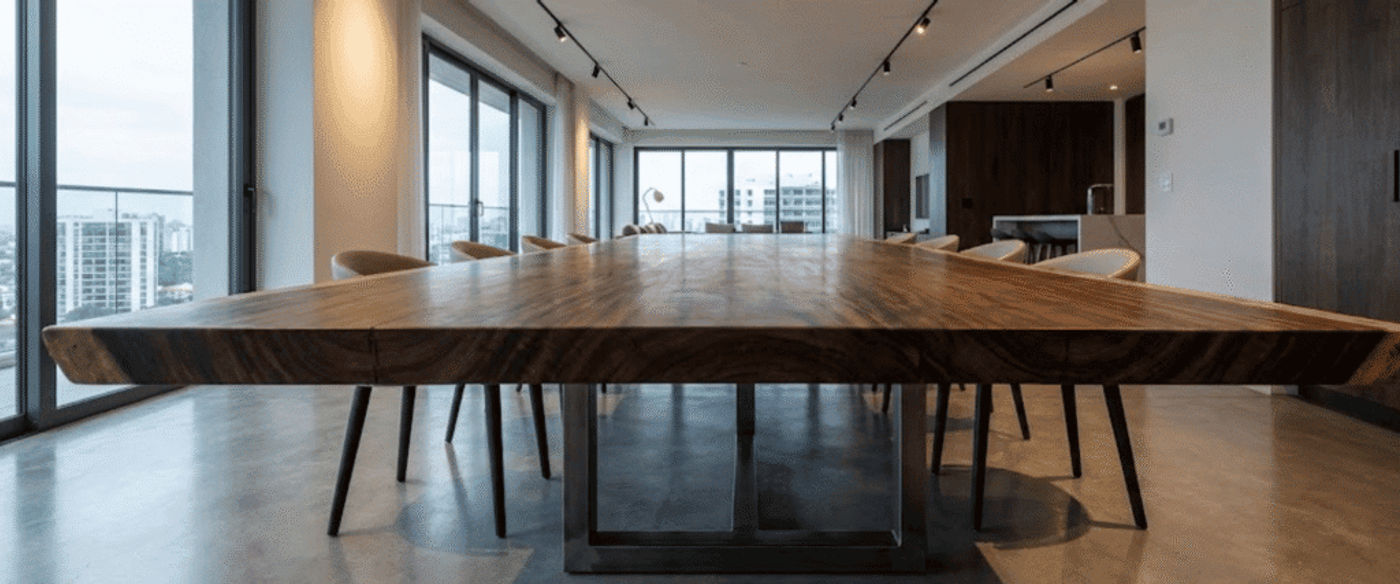 Long live-edge wooden conference table in modern glass-walled office, surrounded by chairs with city skyline visible through windows