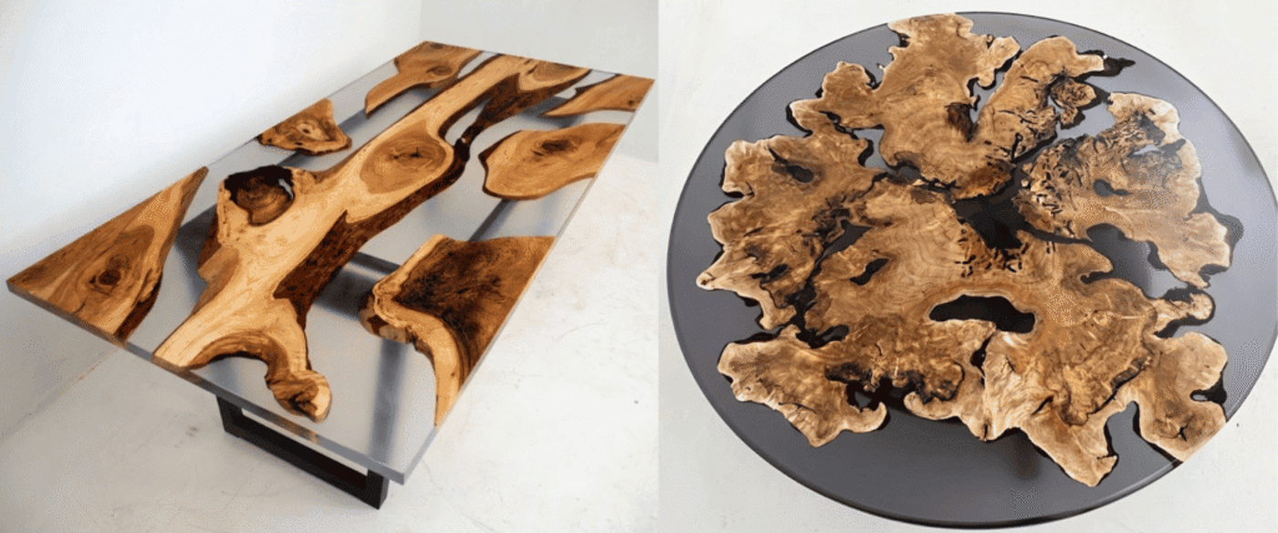 Live-edge gunacaste slabs embedded in clear resin forming a modern rectangular coffee table with black metal base, natural wood grain