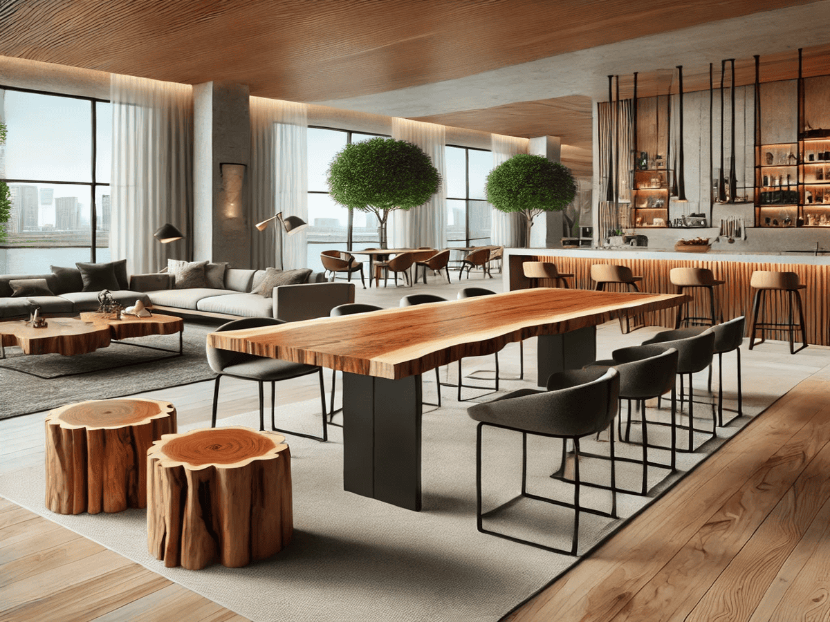 Modern setting showcasing various table heights using live edge slabs, including a counter height table, bar height table, and standard height table.