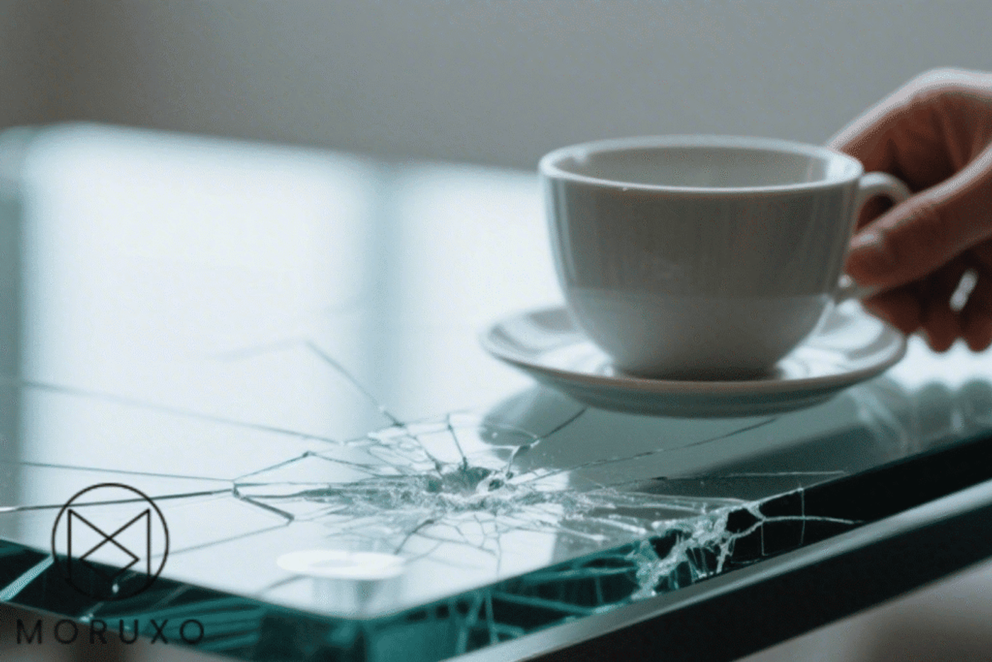 Hand holding a white cup on a saucer placed on a glass table with a large crack.