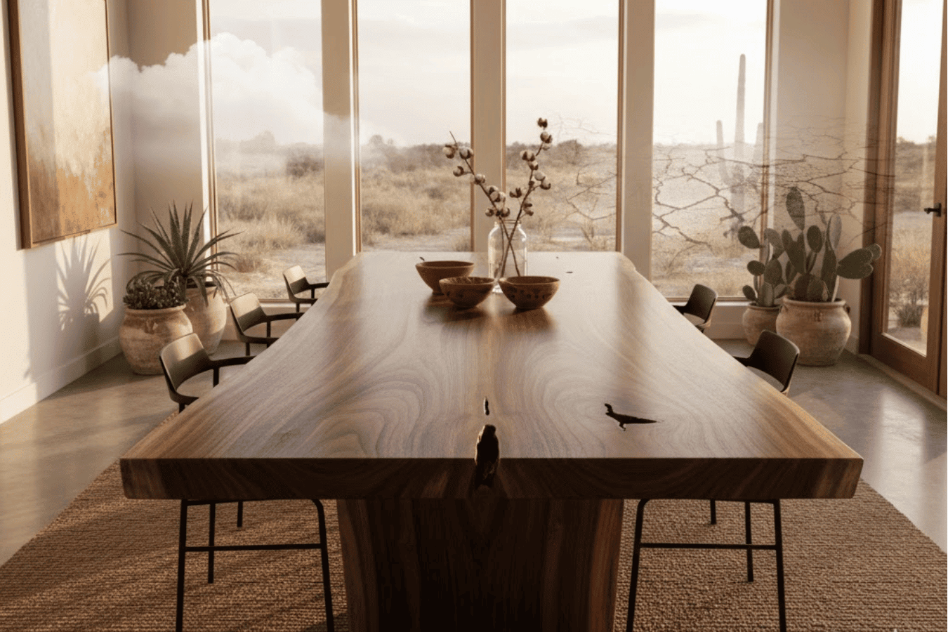 Warm, sunlit dining room with a solid walnut table, modern chairs, potted succulents and large windows showing a dry desert landscape