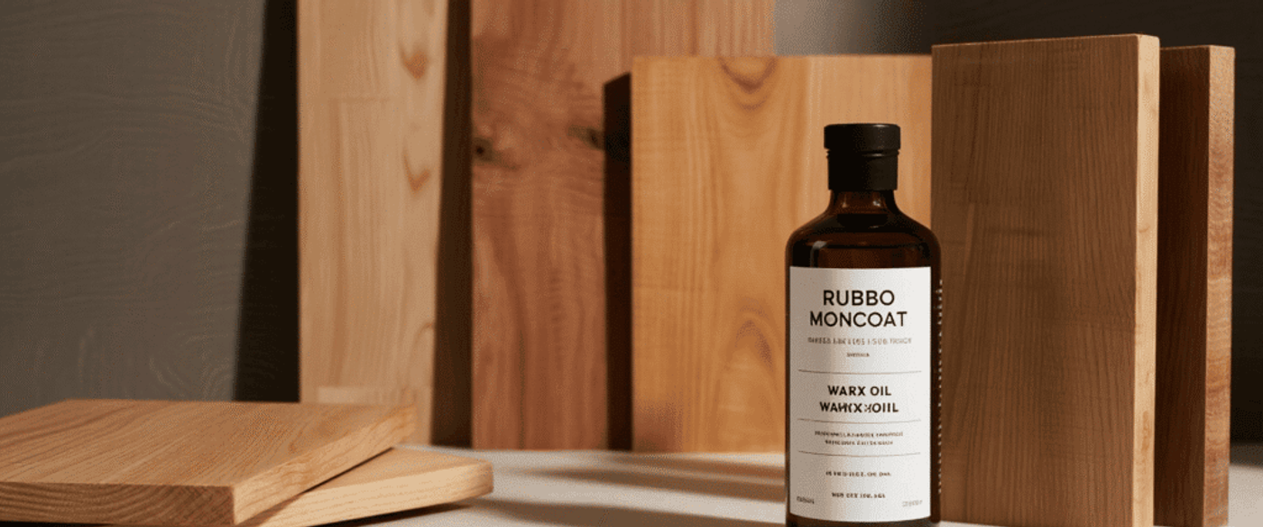 Bottle of Rubbo Monocoat wax oil beside stacked wooden sample boards