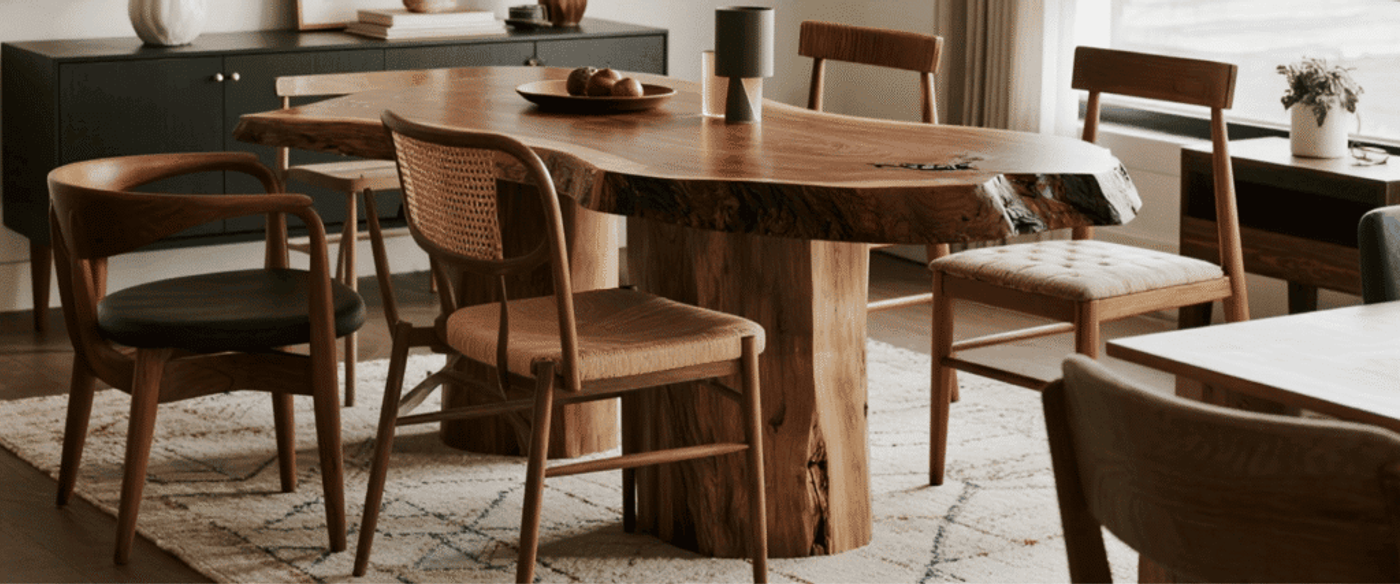 Natural wood dining table with mixed wooden chairs in a cozy, modern dining room featuring neutral tones and soft lighting.