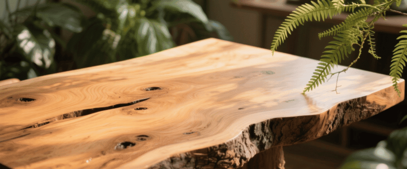 Polished live-edge wooden table with natural grain and knots, surrounded by green houseplants in soft sunlight, cozy interior scene.
